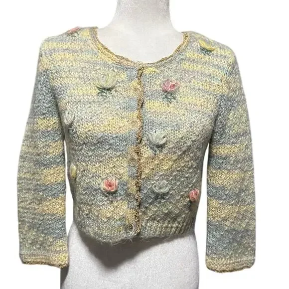 Sleeping on Snow Embroidered Mohair-Blend Cardigan Pastel Floral Cottagecore (M) - Picture 1 of 6